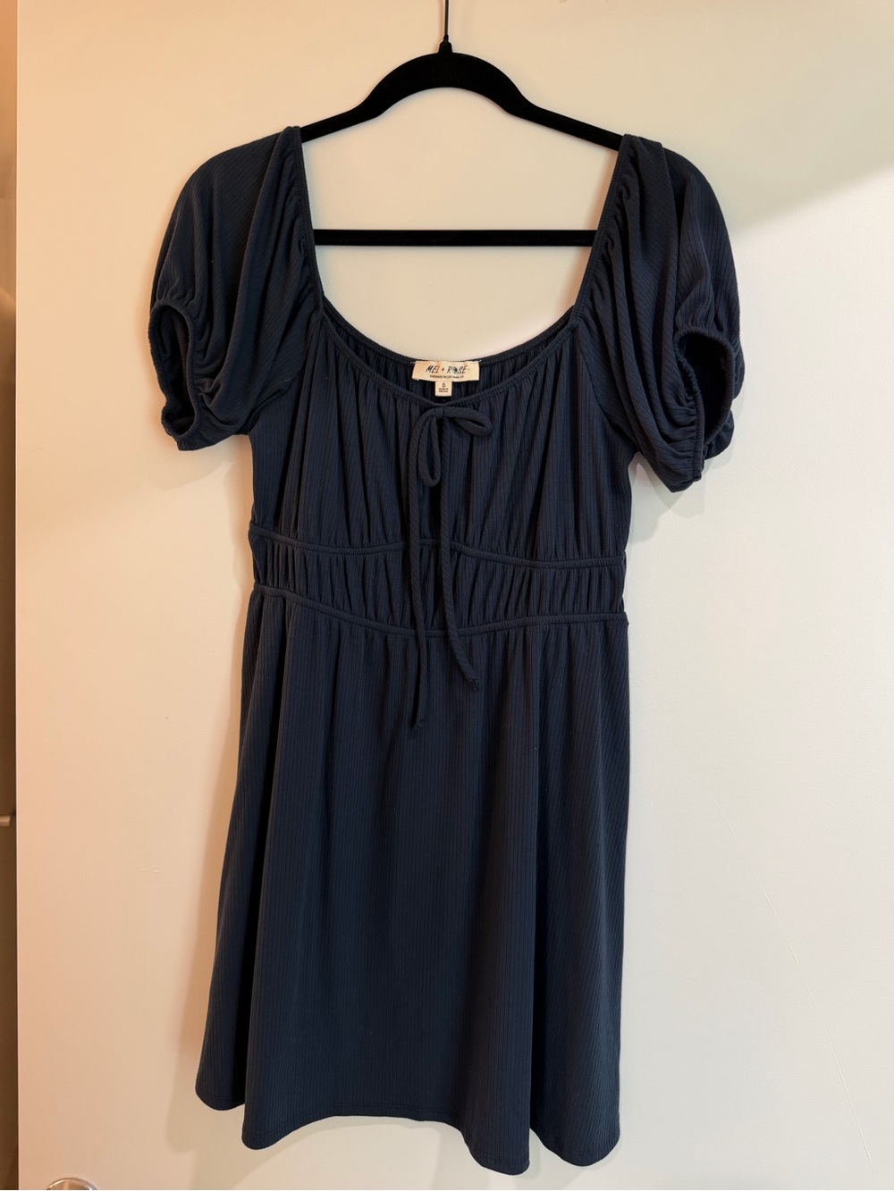 Navy Scoop-Neck Puff Sleeve Mini Dress with Front Tie